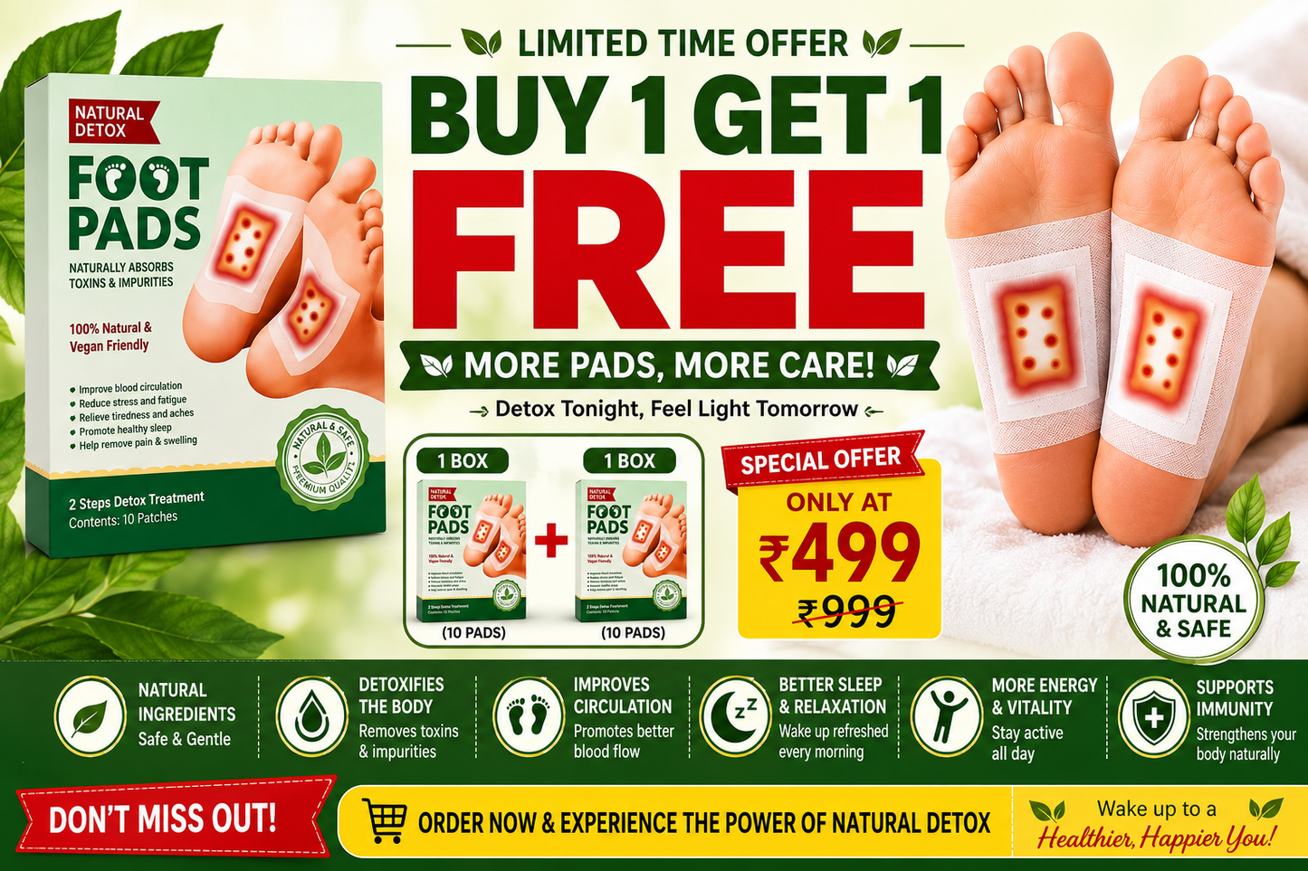 Herbal Premium Detox Foot Pads | Natural Foot Detox Patch | Buy 1 Get 1 Free